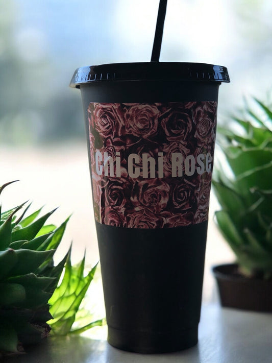 Chi Chi Rose Black Tumbler cups with a straw