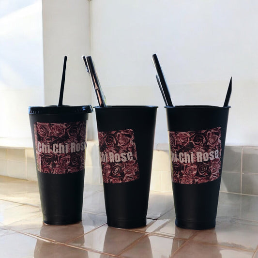 Chi Chi Rose Black Tumbler cups with a straw